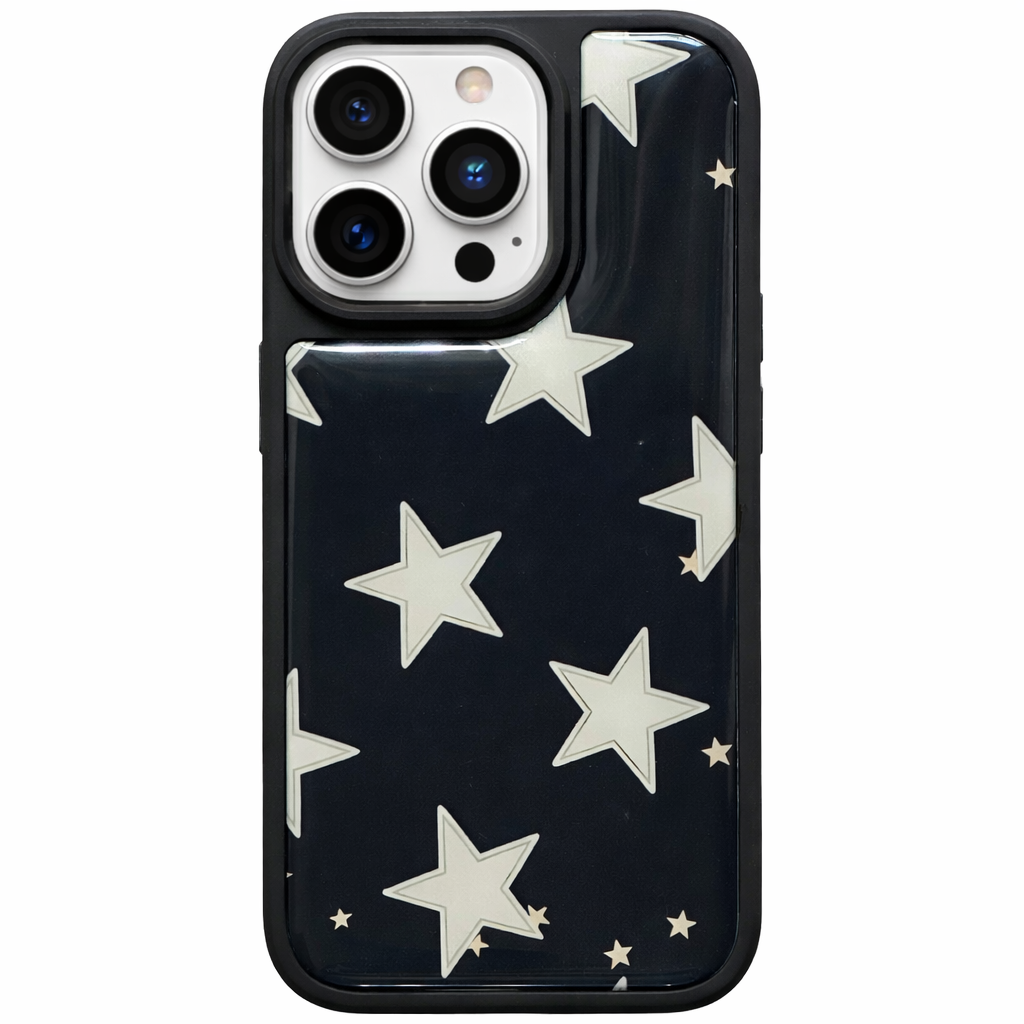 Glossy black iPhone case featuring an aesthetic white scattered star pattern and a protective black rubber bumper.
