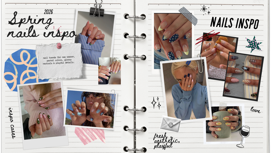Spring nails inspo 2026 scrapbook-style aesthetic mood board featuring soft pastels, glossy neutrals and playful manicure ideas.