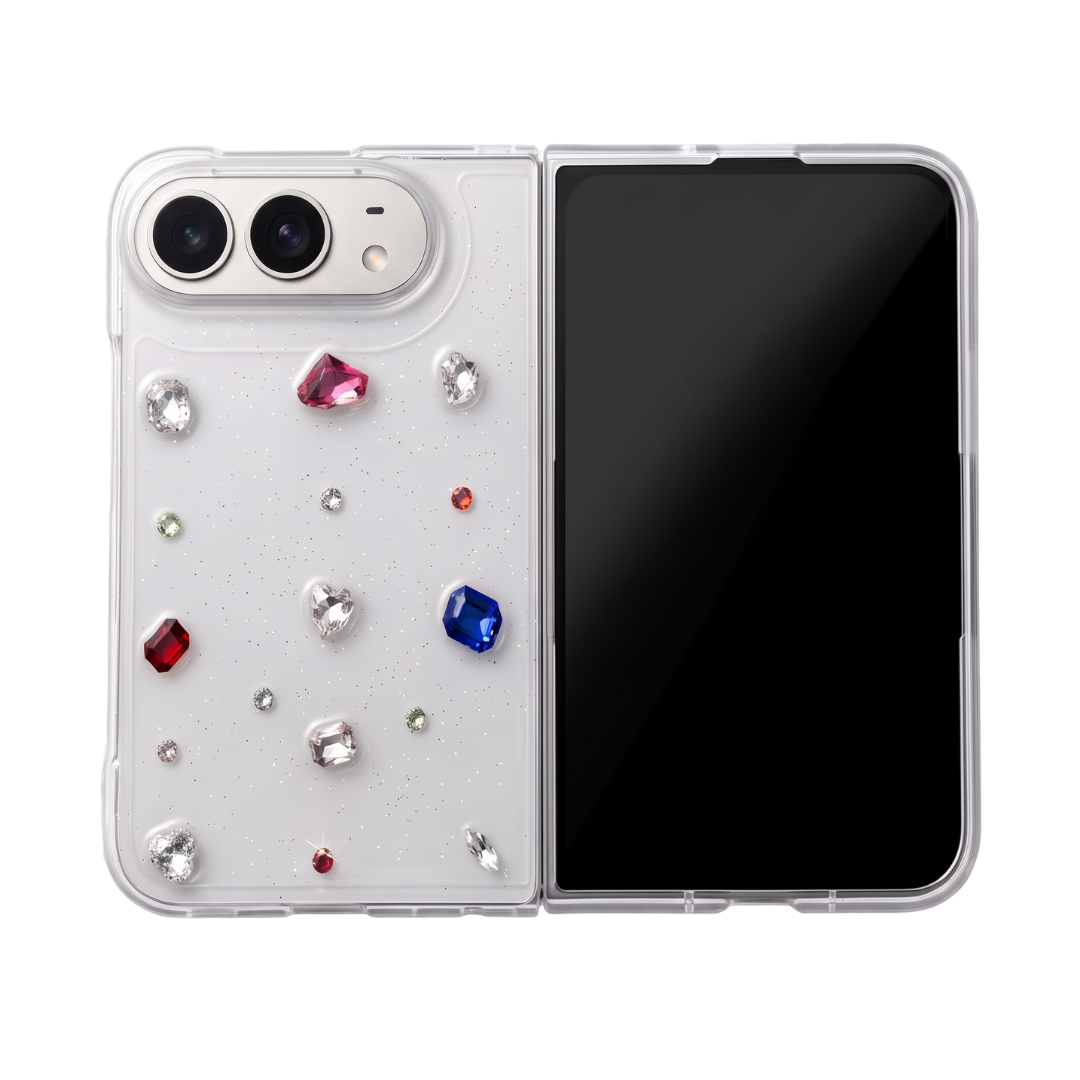 GEM GARDEN clear glitter iPhone Duo case with pink, red and blue rhinestones, shown fully open