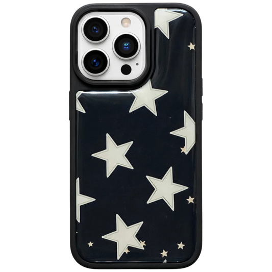 Glossy black iPhone case featuring an aesthetic white scattered star pattern and a protective black rubber bumper.